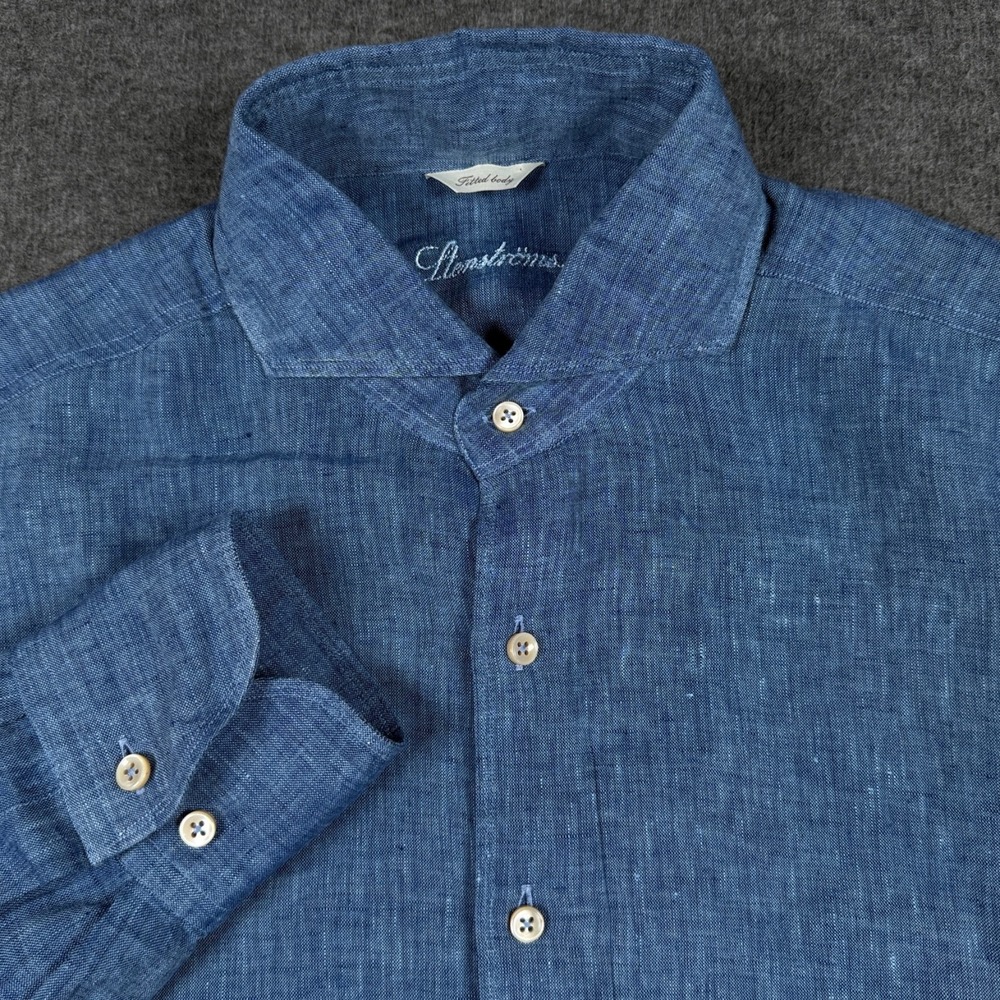 Stenstroms Shirt Mens Medium Blue Linen Fitted Long Sleeve Cutaway Button Up